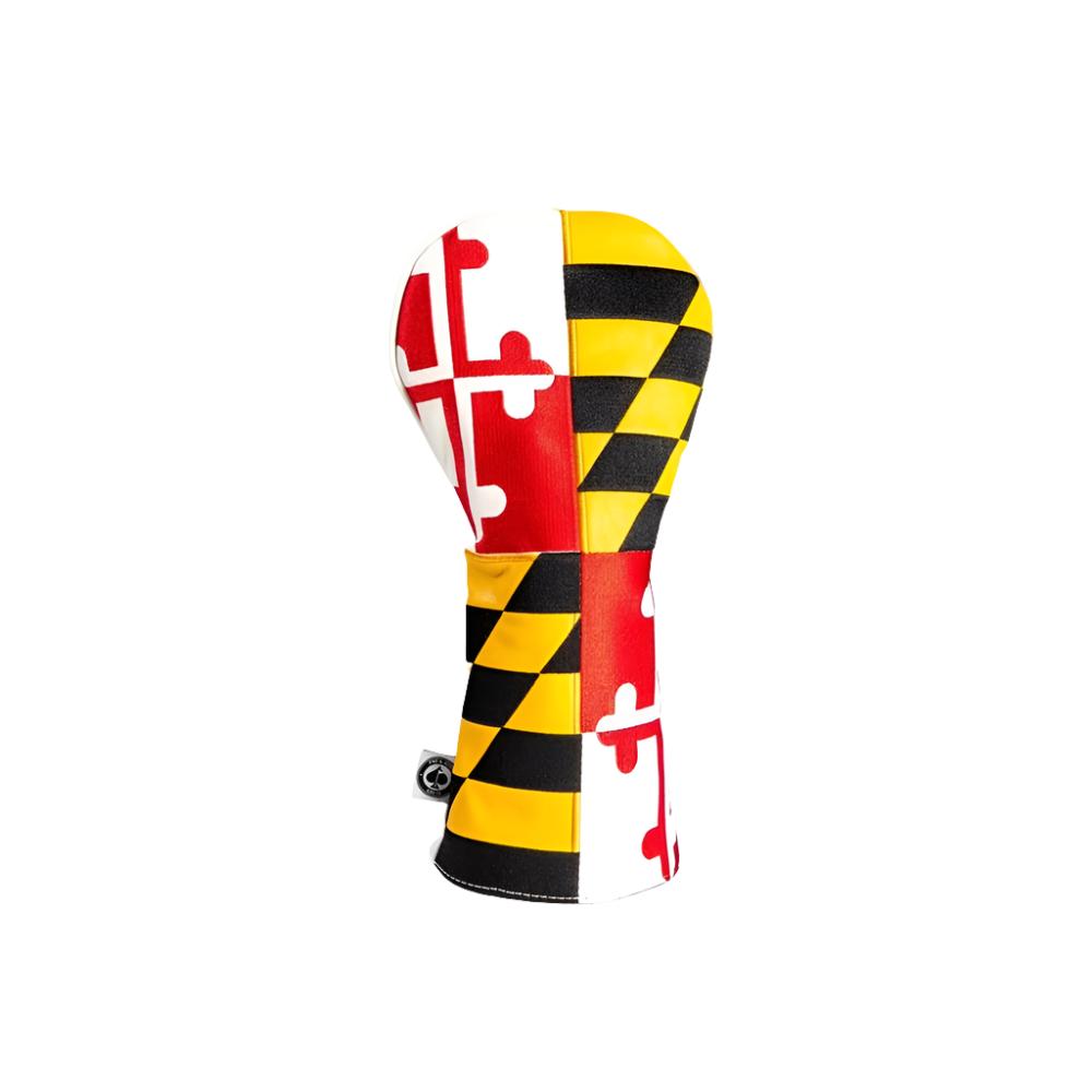 A colorful golf driver headcover featuring embroidered text and images