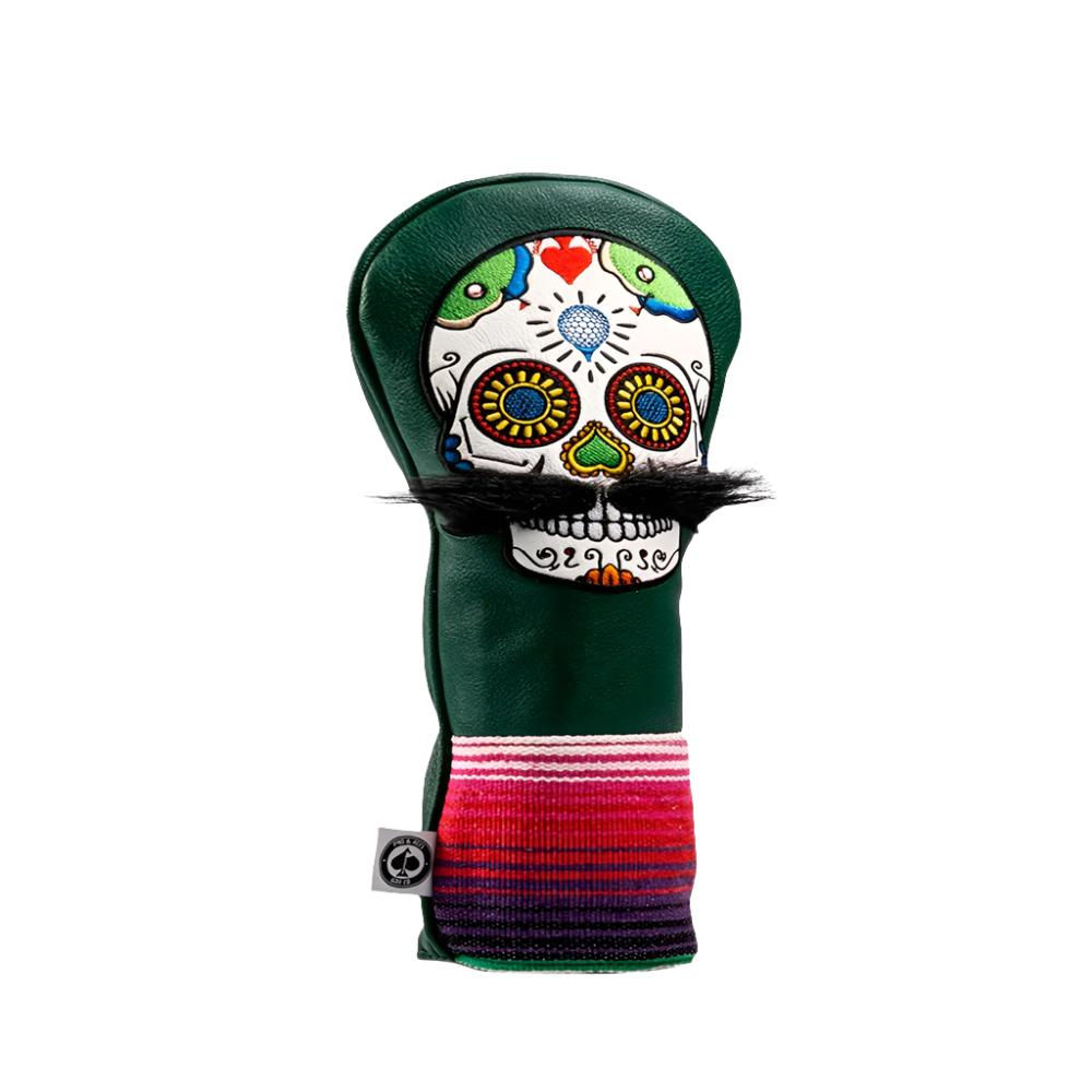 A colorful golf driver headcover featuring embroidered text and images