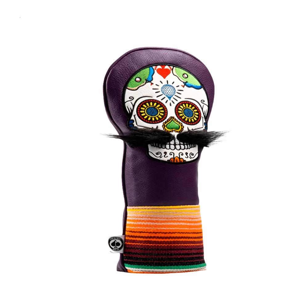 A colorful golf driver headcover featuring embroidered text and images