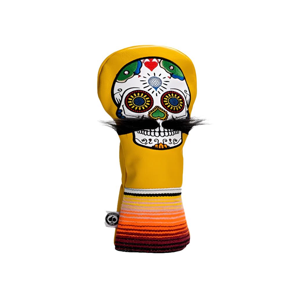 A colorful golf driver headcover featuring embroidered text and images