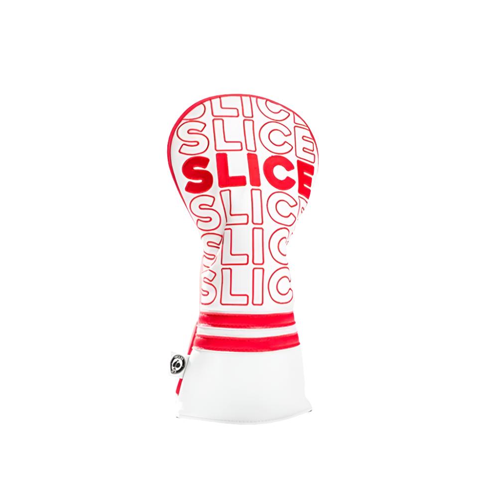 A colorful golf driver headcover featuring embroidered text and images