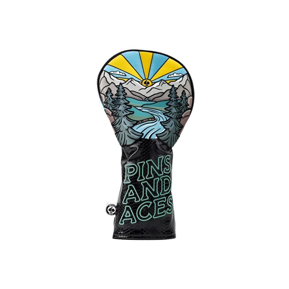 A colorful golf driver headcover featuring embroidered text and images