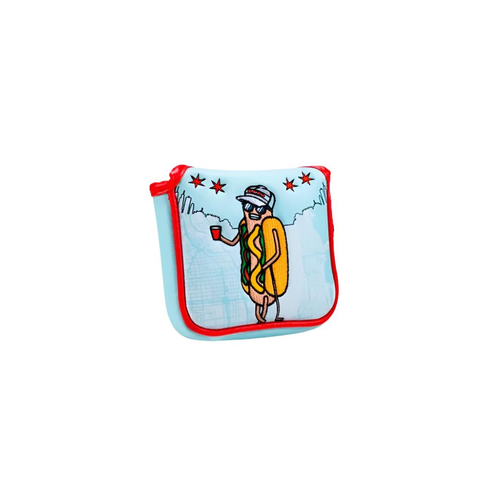 A colorful putter mallet headcover with a design and text as it's stitching