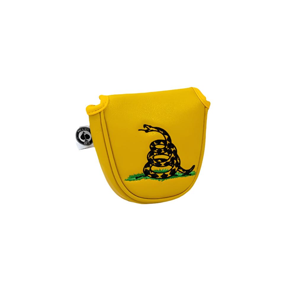 A colorful putter mallet headcover with a design and text as it's stitching