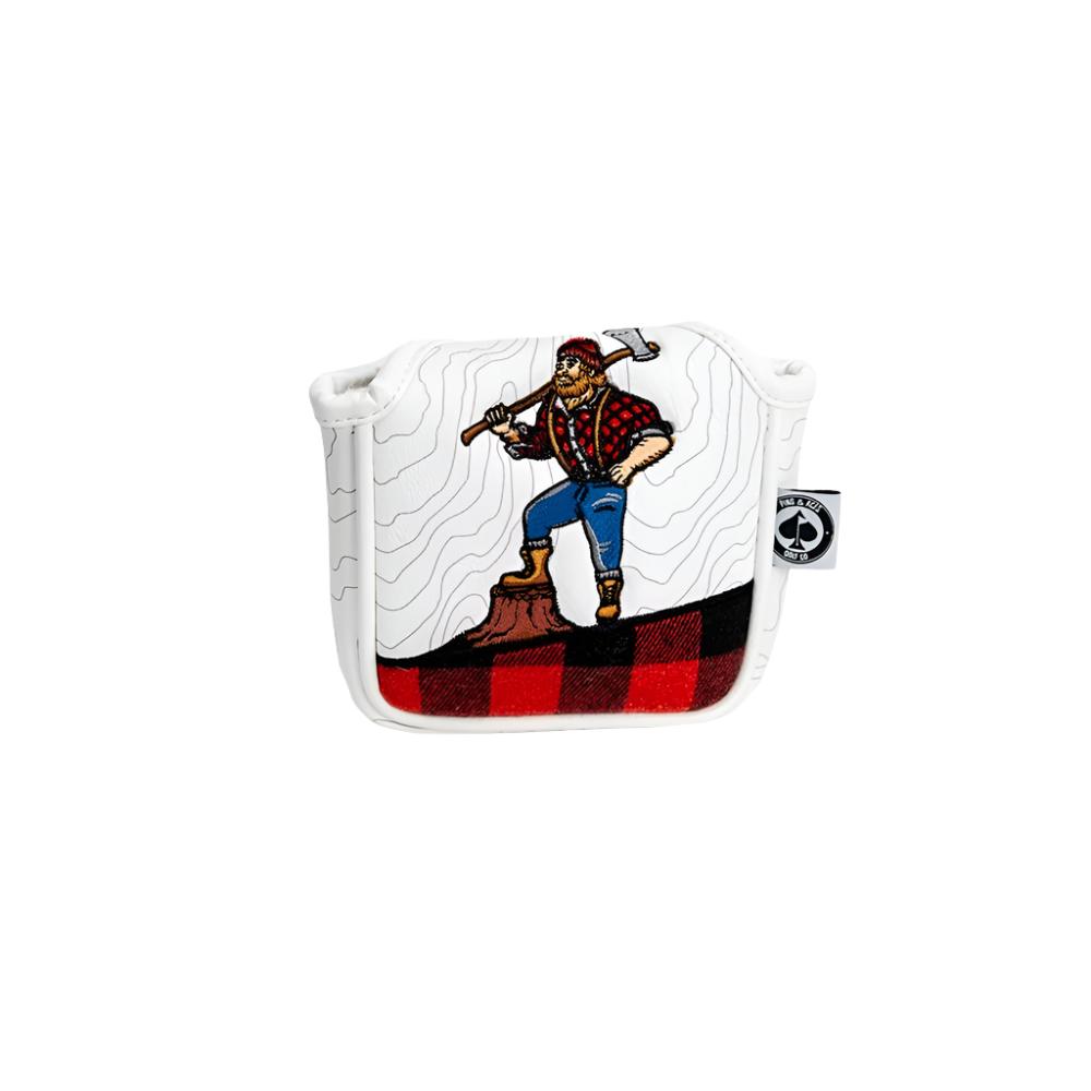 A colorful putter mallet headcover with a design and text as it's stitching