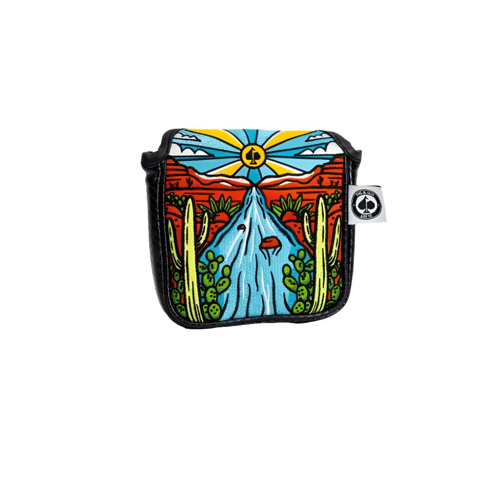 A colorful putter mallet headcover with a design and text as it's stitching