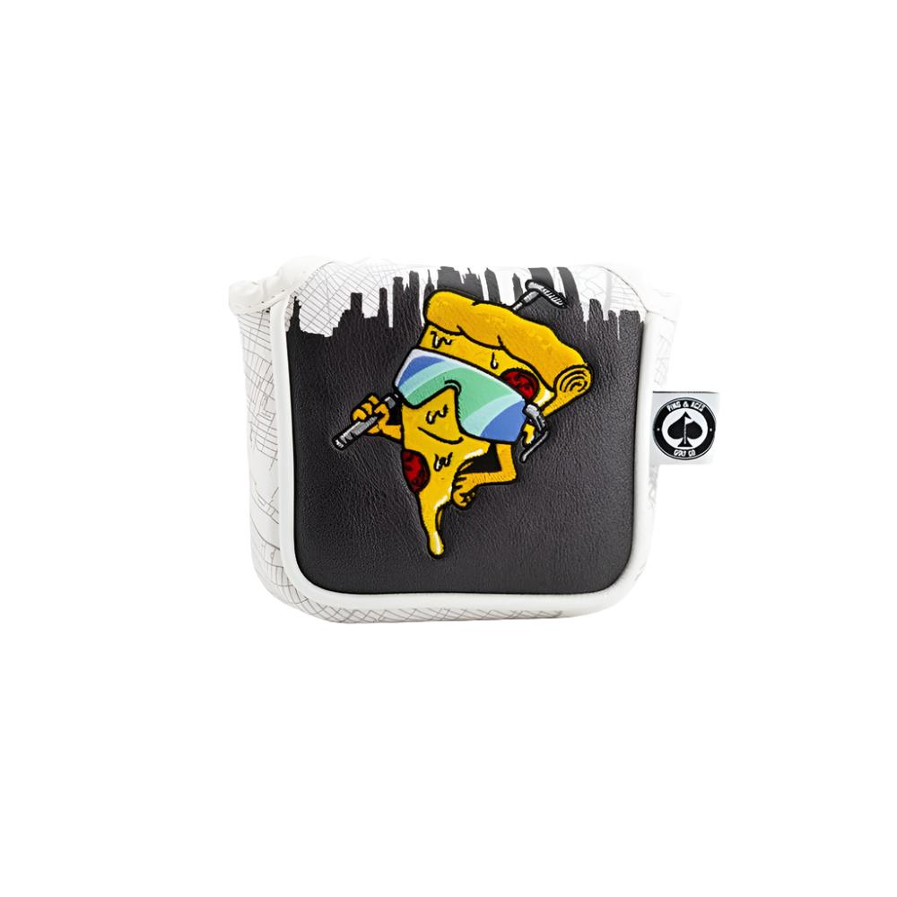 A colorful putter mallet headcover with a design and text as it's stitching