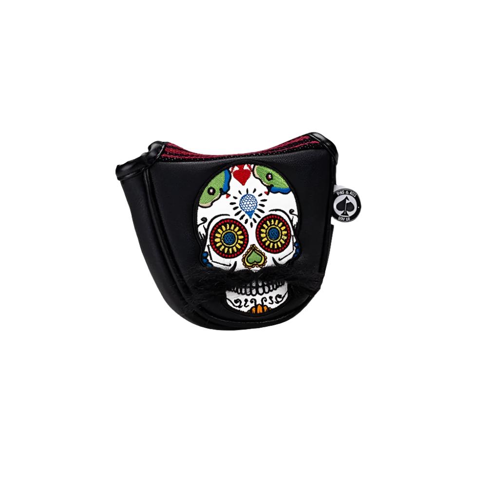 A colorful putter mallet headcover with a design and text as it's stitching