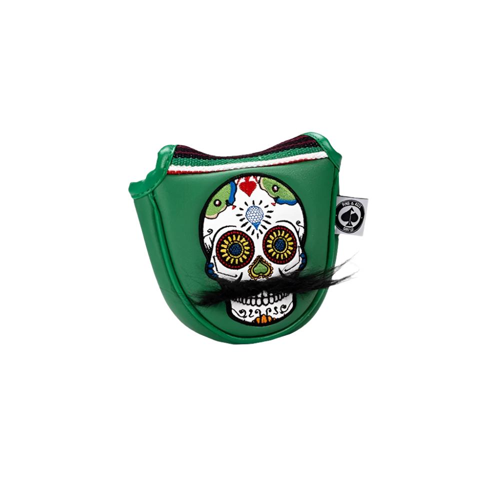 A colorful putter mallet headcover with a design and text as it's stitching