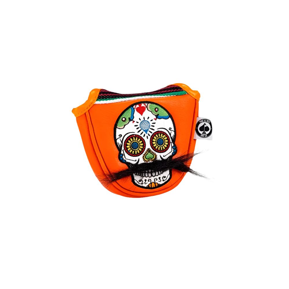 A colorful putter mallet headcover with a design and text as it's stitching