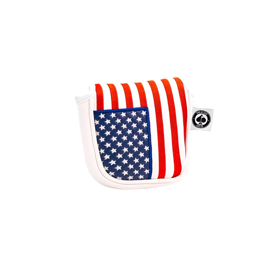 A colorful putter mallet headcover with a design and text as it's stitching