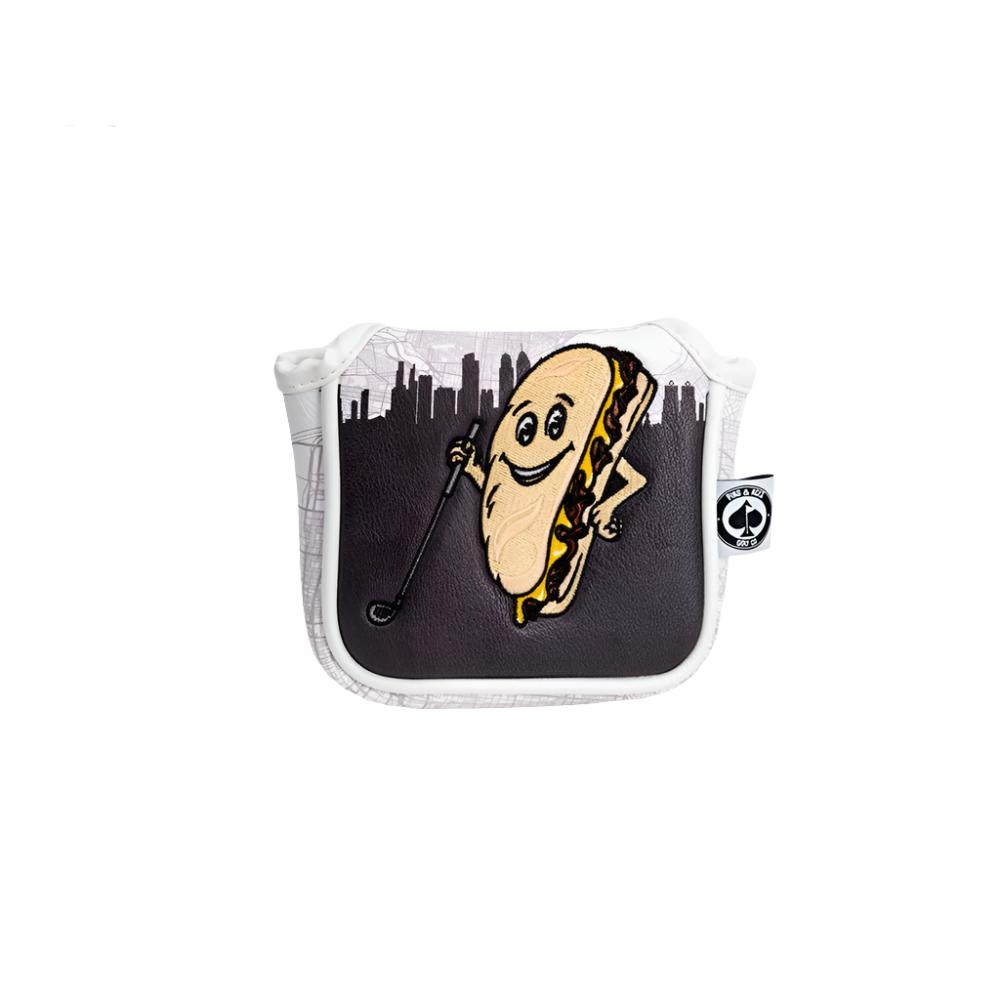 A colorful putter mallet headcover with a design and text as it's stitching