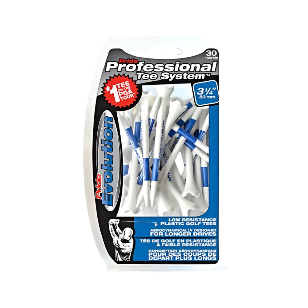 A pack of Pride Sports Evo 3.14 plastic golf tees, with packaging displaying the product name and count.