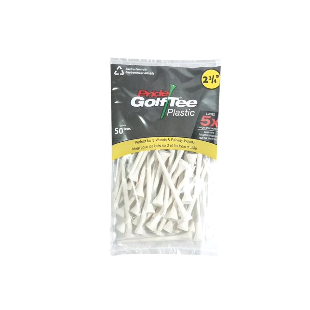 A pack of Pride Sports plastic golf tees, 2.34 inch, white color, displayed in front of a white background.