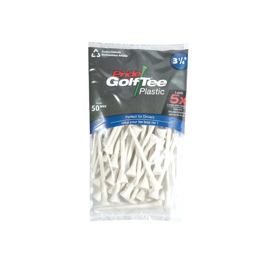 A pack of Pride Sports plastic golf tees, 3.14 size, containing 50 pieces displayed against a white background.