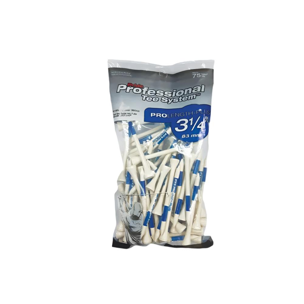 A pack of Pride Sports professional tee system hardwood golf tees, with packaging showing the tees inside and the brand's color scheme.