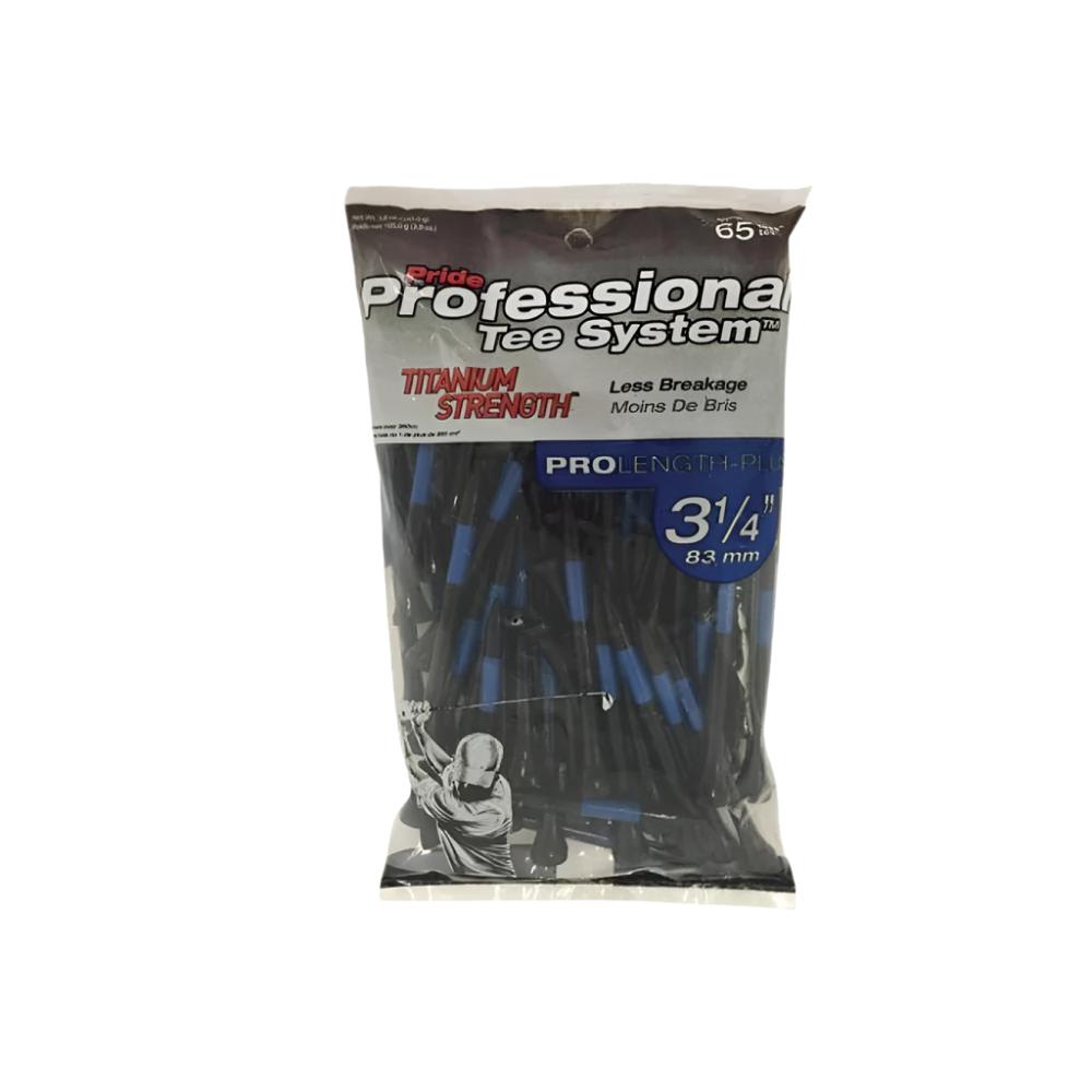 A pack of Pride Sports professional titanium strength wooden golf tees, 3 1/4-inch size, in black color with blue stripes, packaged in a clear plastic bag with blue and white branding.