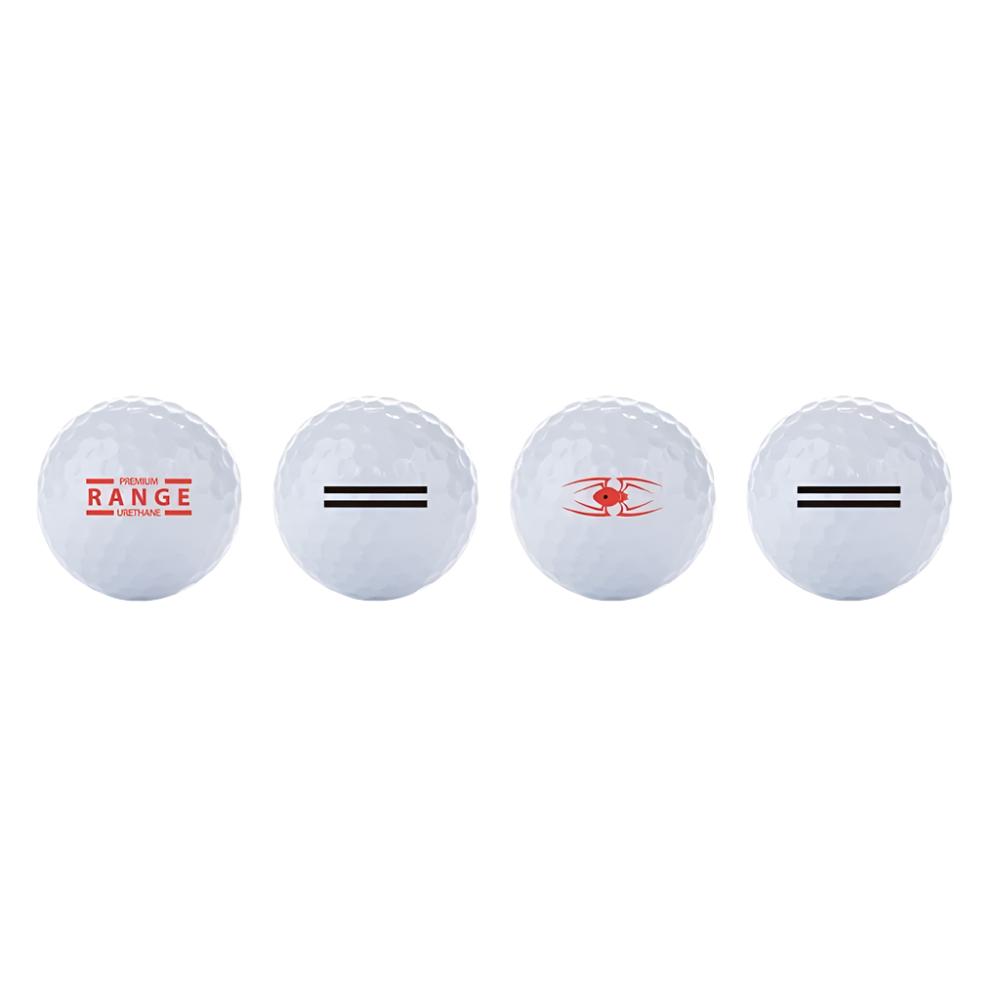 Three white golf balls with red and black branding, labeled 'Range' on the surface.