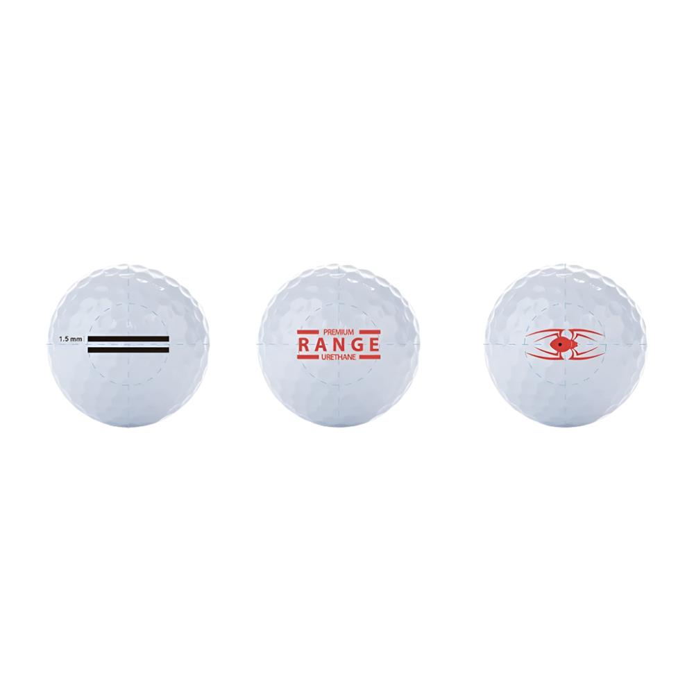 Three white golf balls with red and black branding, labeled 'Range' on the surface.
