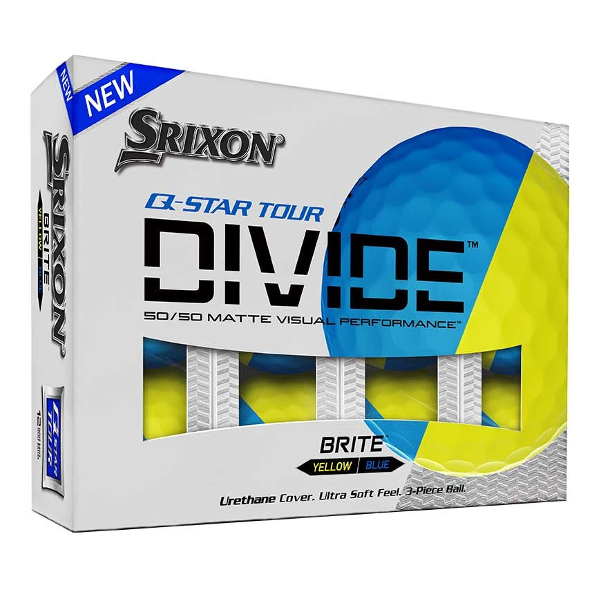 A box of Srixon Q-STAR Divide golf balls with a yellow and blue design, featuring text about the golf ball's features such as 360-degree alignment and a two-tone cover for spin visibility.