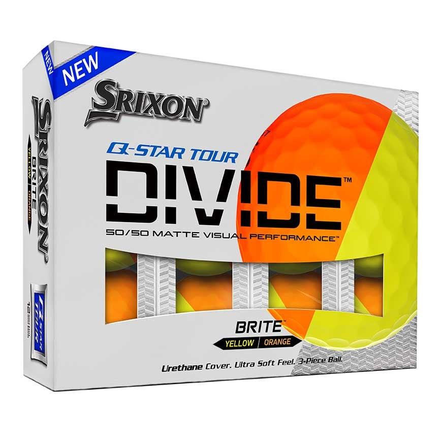 A box of Srixon Q-STAR Divide golf balls with a yellow and orange design, featuring text about the golf ball's features such as 360-degree alignment and a two-tone cover for spin visibility.