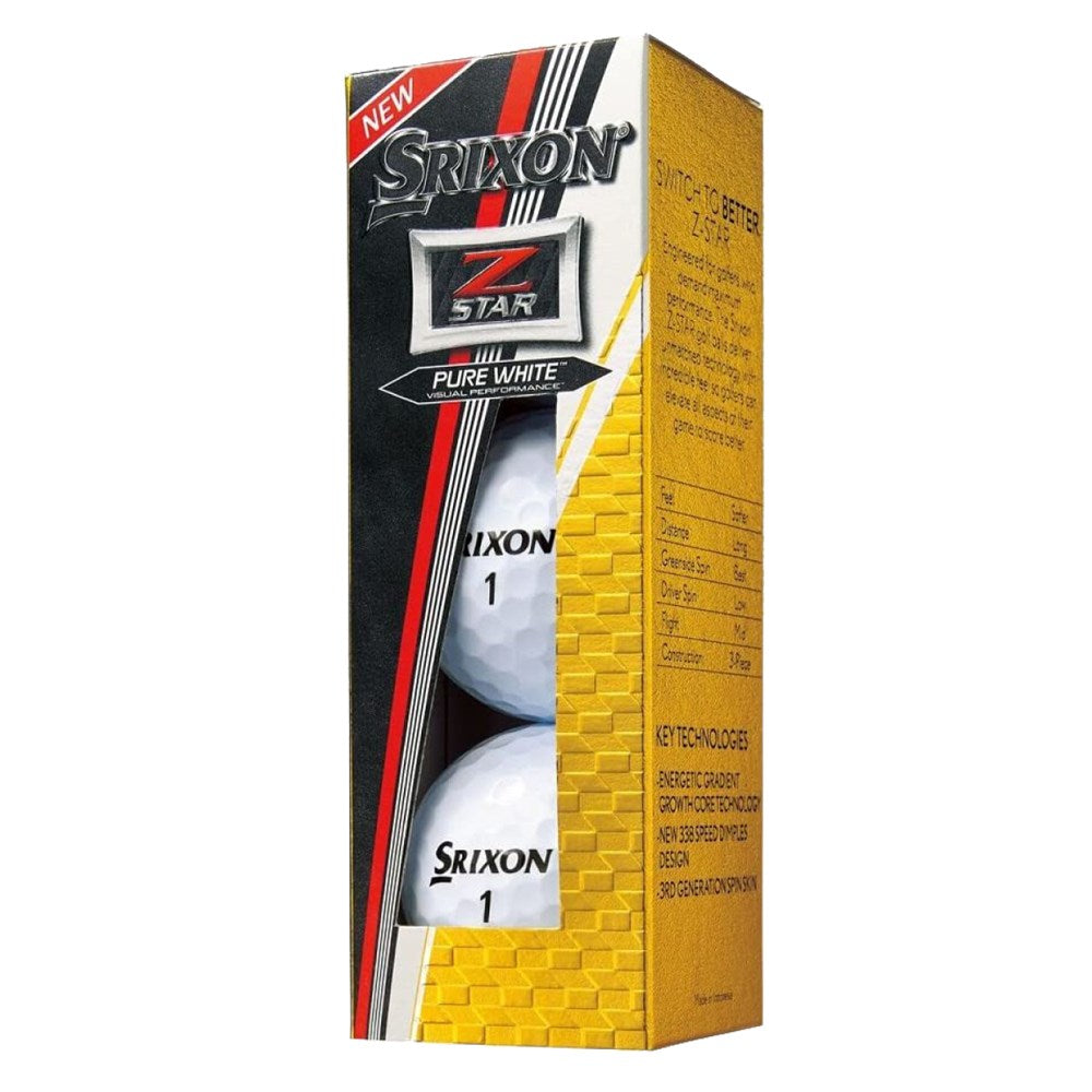 A Srixon Z-STAR golf ball in white and red packaging with the brand name and model name prominently displayed.
