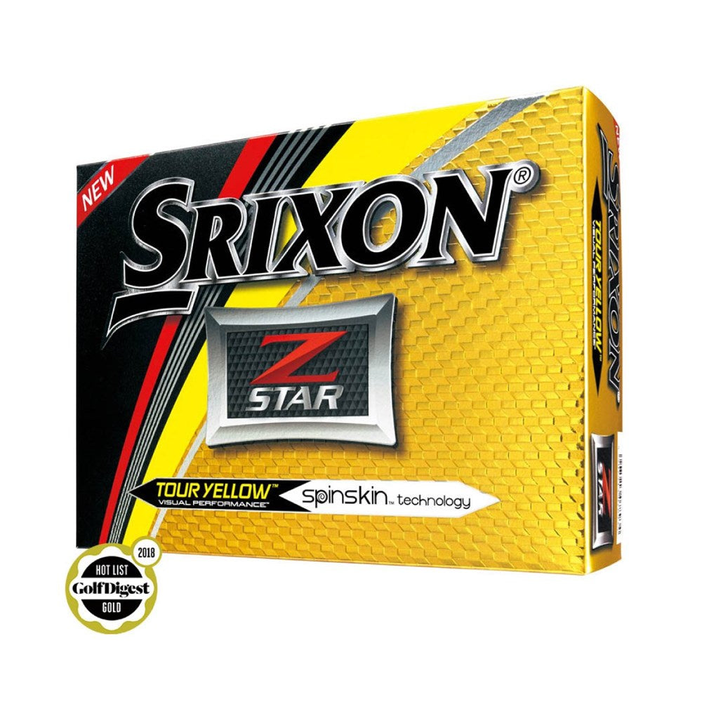 A Srixon Z-STAR golf ball in white and red packaging with the brand name and model name prominently displayed.