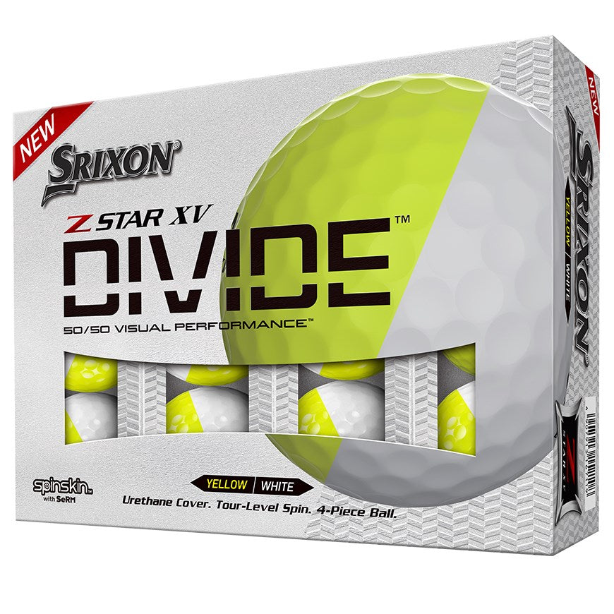 A pack of Srixon Z-STAR XV DIVIDE golf balls with yellow and white colors, featuring the product name and details on the packaging.