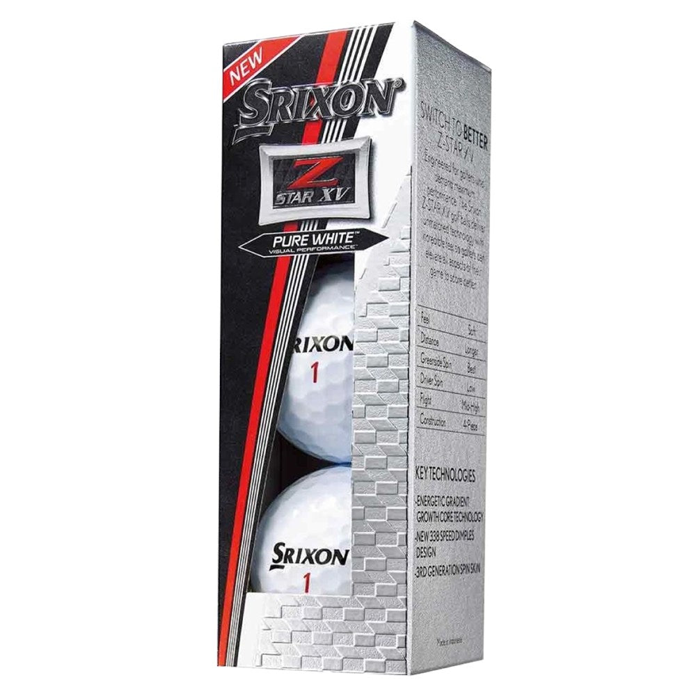 A box of Srixon Z-STAR XV white golf balls with branding and product information displayed.