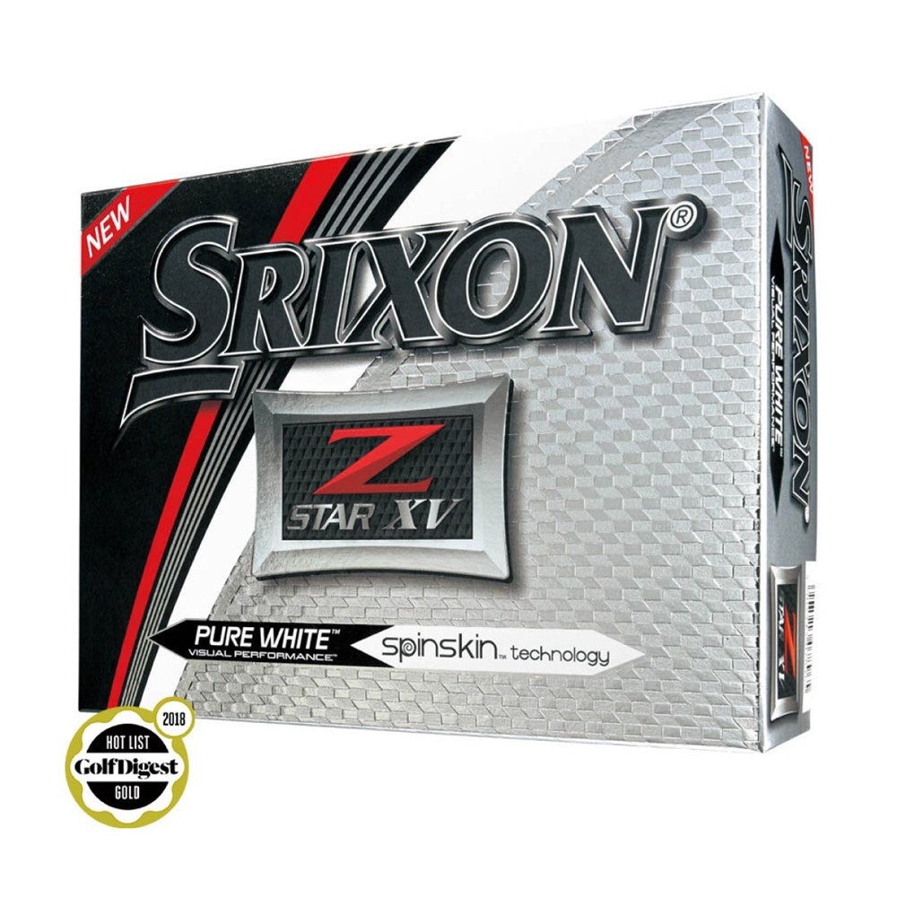 A box of Srixon Z-STAR XV white golf balls with branding and product information displayed.