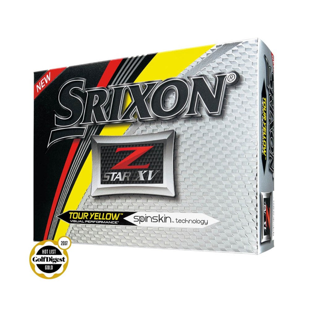 A box of Srixon Z-STAR XV white golf balls with branding and product information displayed.