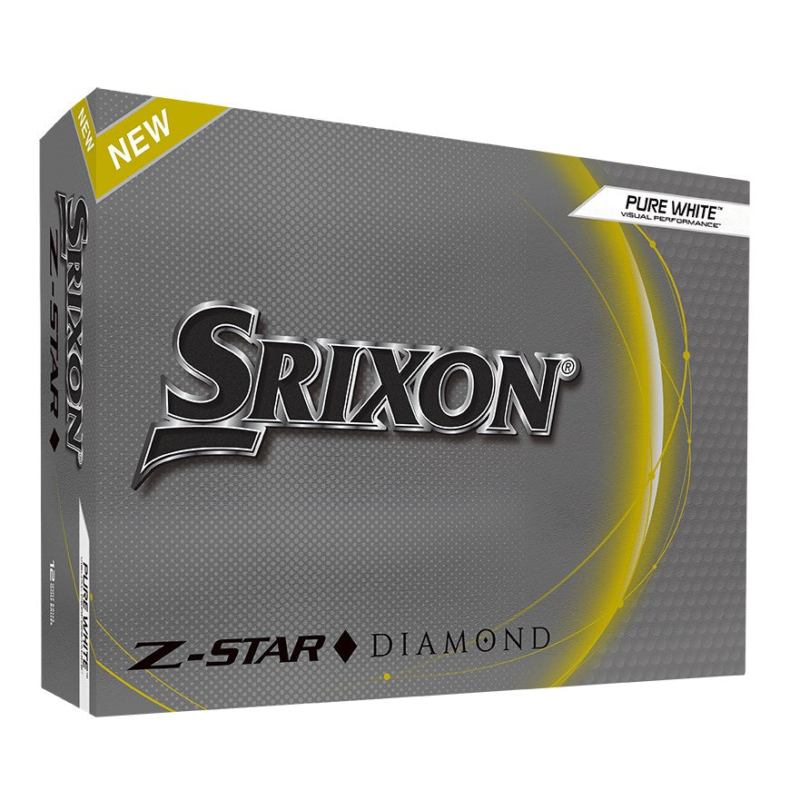 A box of Srixon Z-STAR Diamond golf balls with a 'New' sticker and the brand's logo in white and yellow colors.