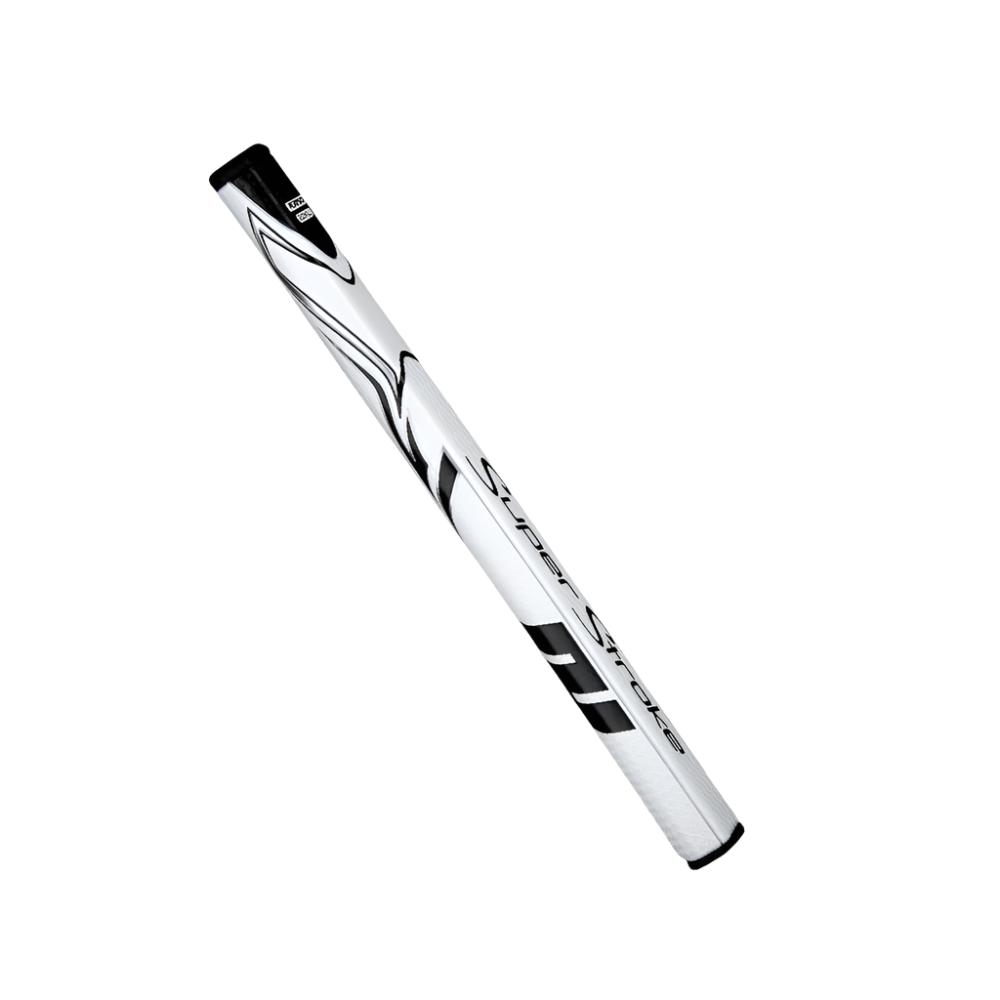 A SuperStroke Zenergy Flatso 2.0 XL+ putter grip, predominantly white with black accents and geometric patterns.