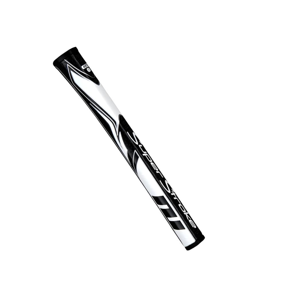 A black and white putter grip with a pistol-style top section and geometric design.
