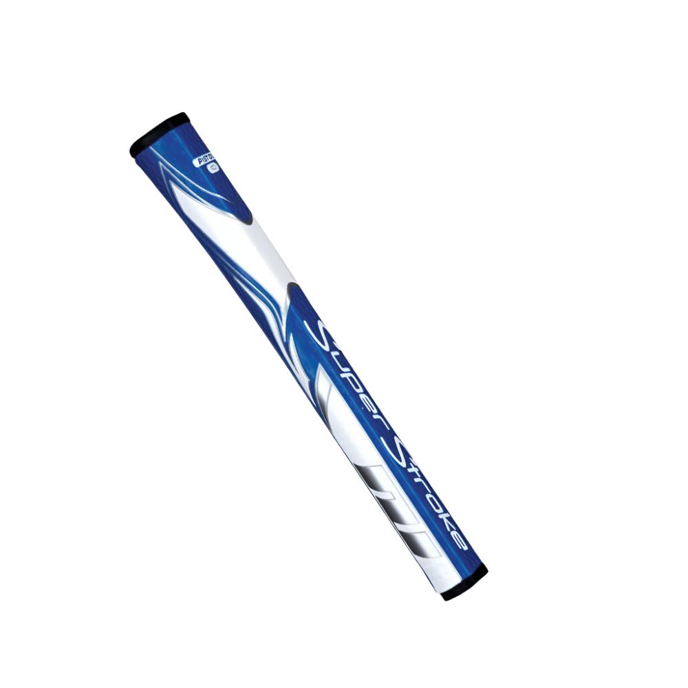 A black and white putter grip with a pistol-style top section and geometric design.