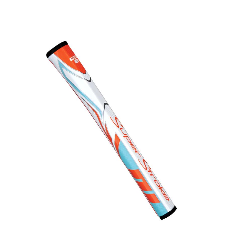 A black and white putter grip with a pistol-style top section and geometric design.