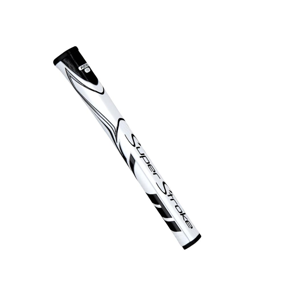 A black and white putter grip with a pistol-style top section and geometric design.