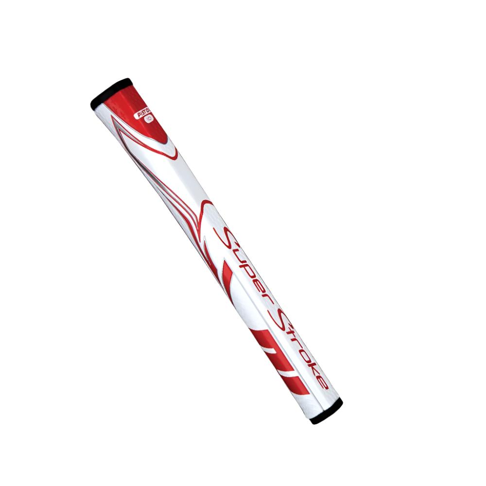 A black and white putter grip with a pistol-style top section and geometric design.