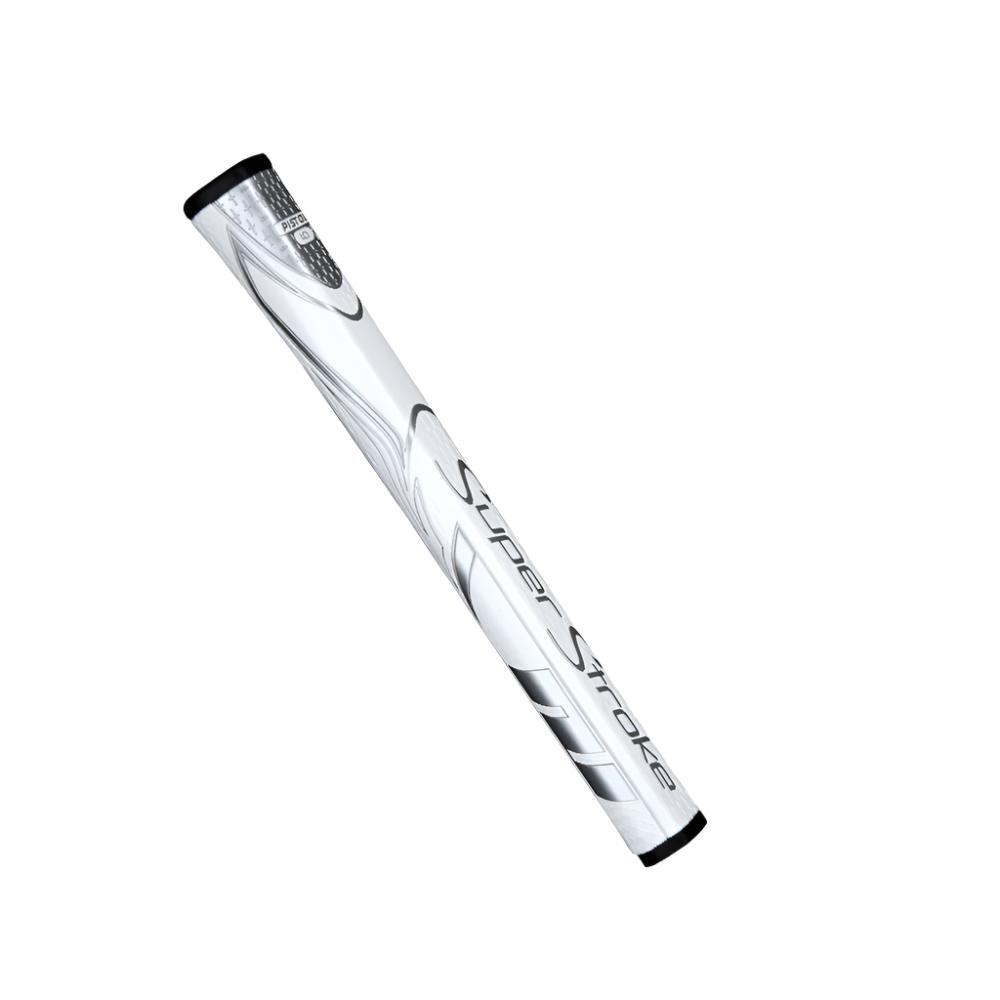 A black and white putter grip with a pistol-style top section and geometric design.