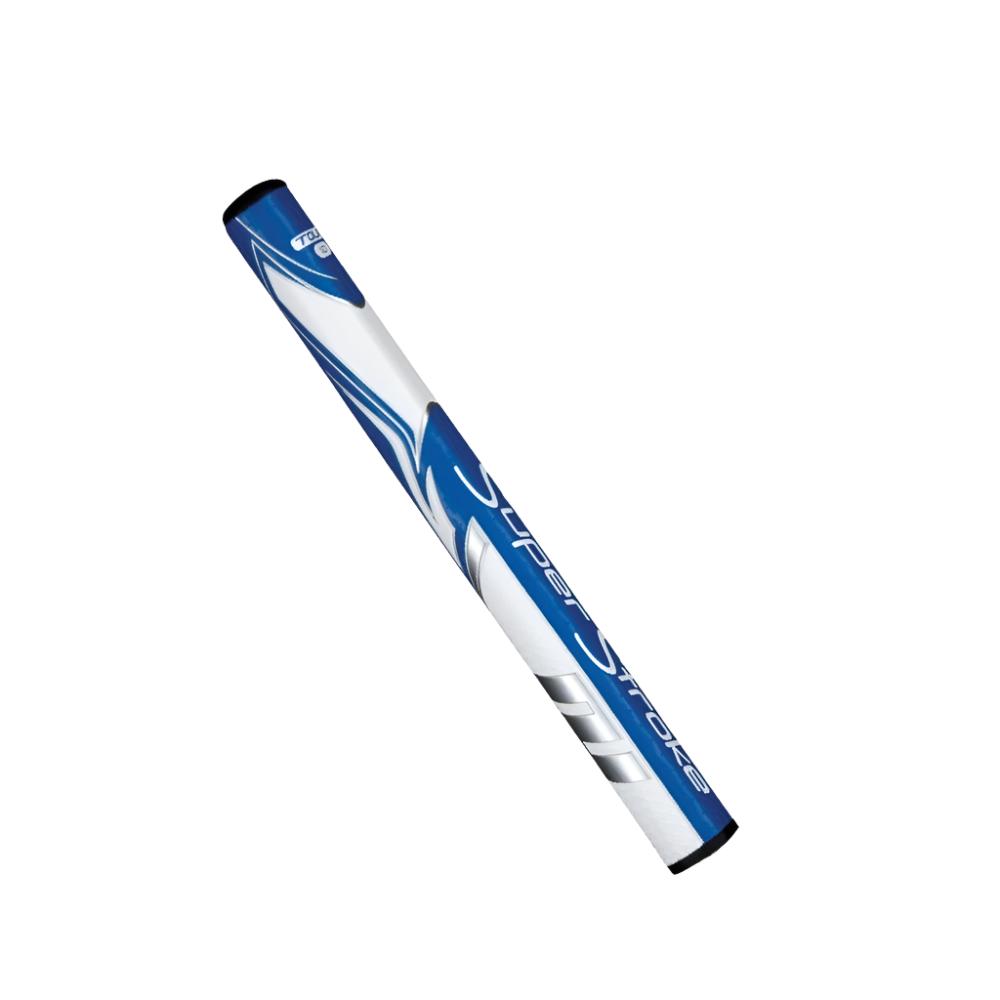 A blue and white putter grip with a distinctive arc design under the top hand, extending into the butt area of the grip.