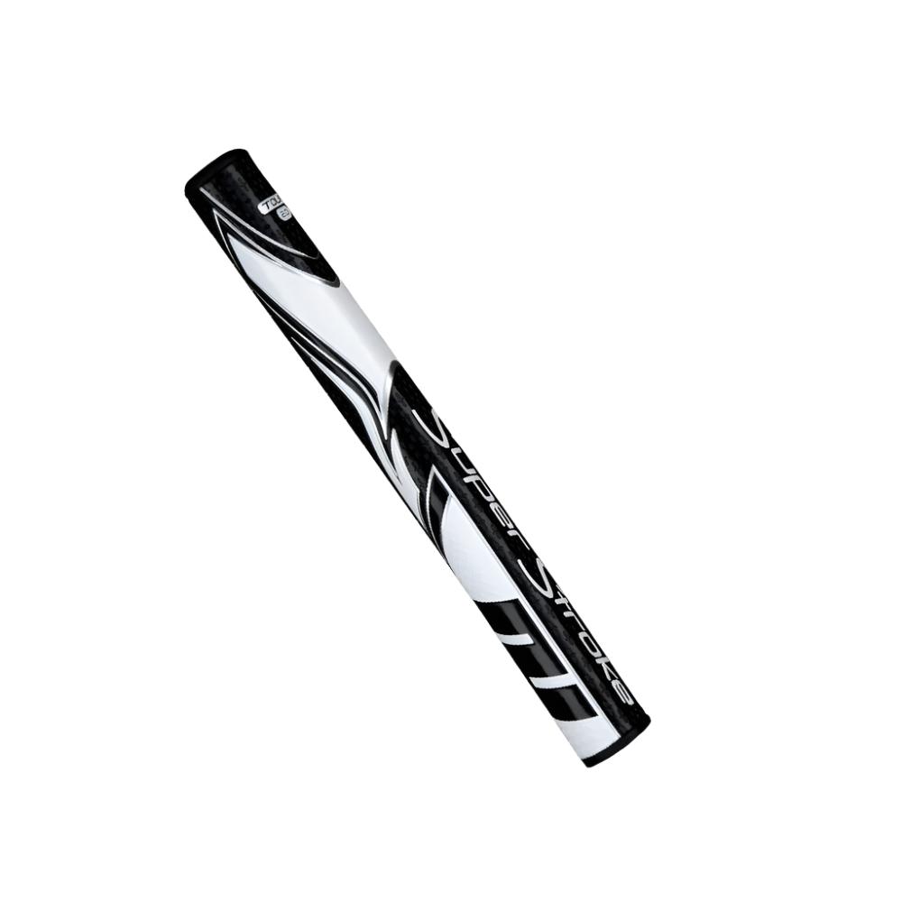 A black and white putter grip with a geometric pattern and the branding 'Super Stroke' visible.