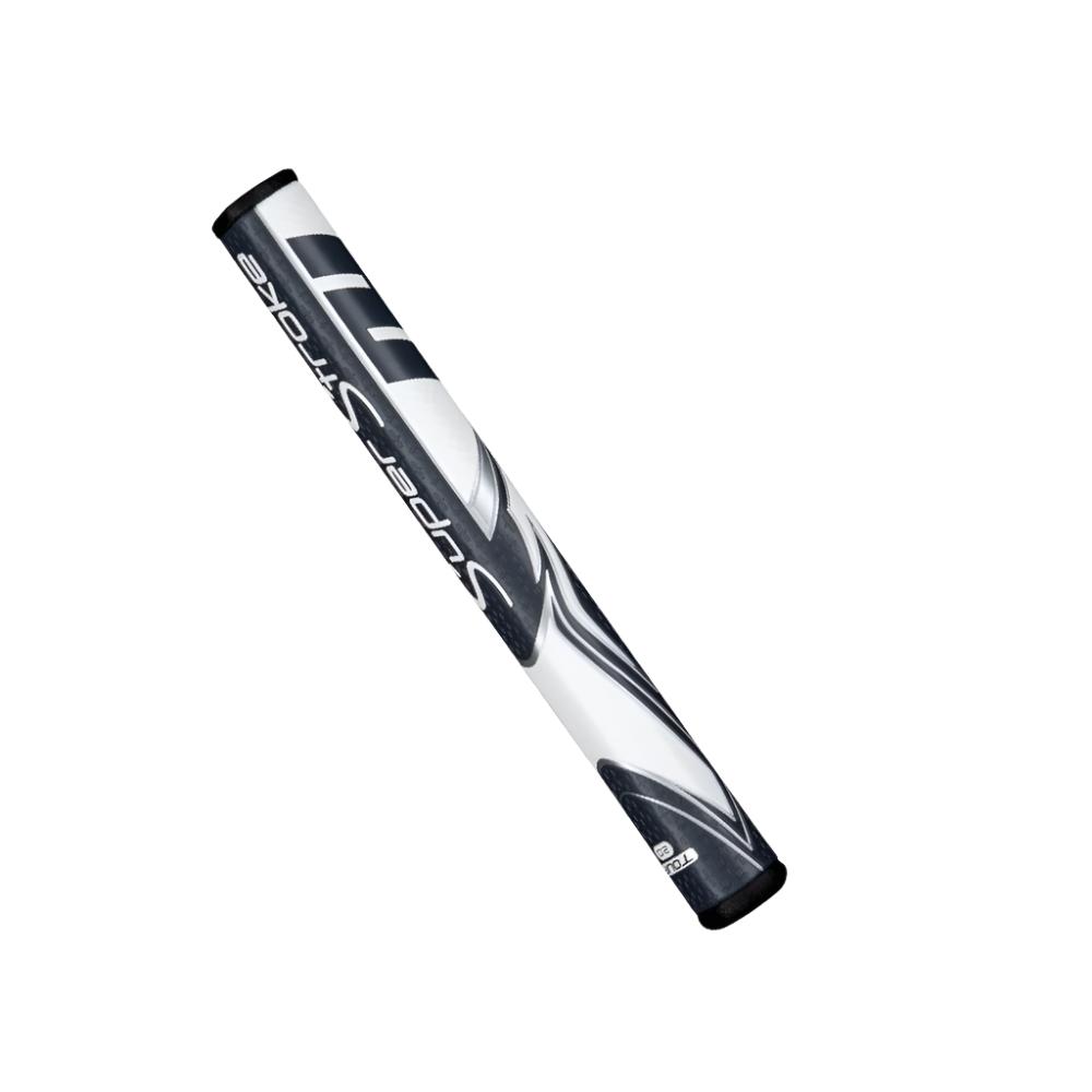 A black and white putter grip with a geometric pattern and the branding 'Super Stroke' visible.