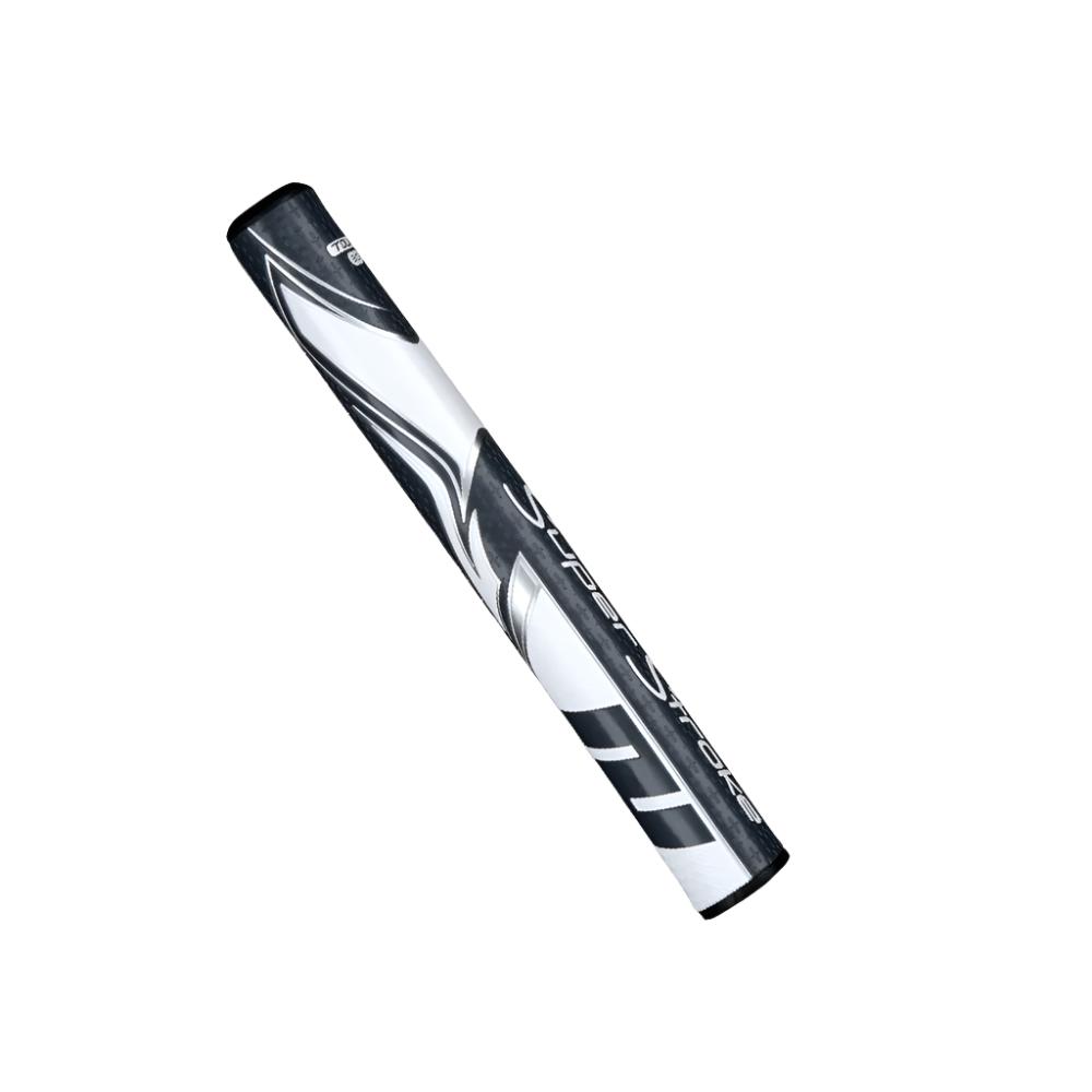 A black and white putter grip with a geometric pattern and the branding 'Super Stroke' visible.