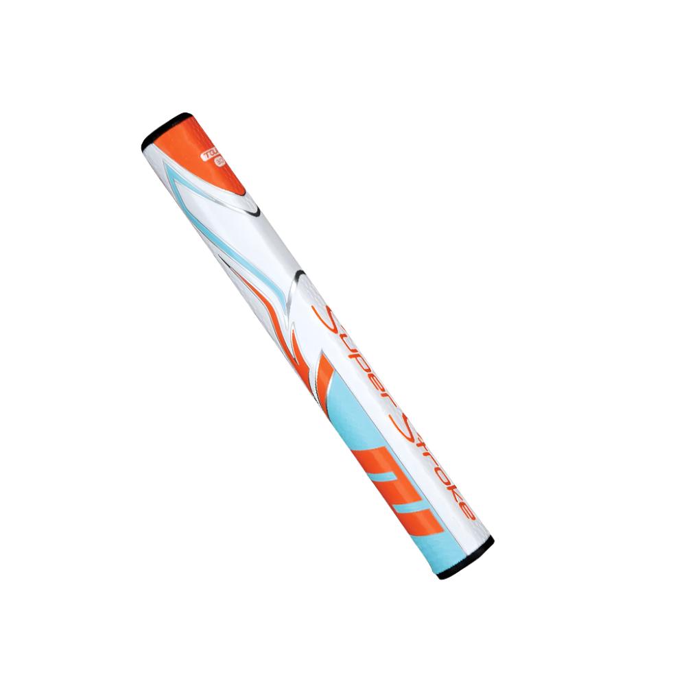 A black and white putter grip with a geometric pattern and the branding 'Super Stroke' visible.