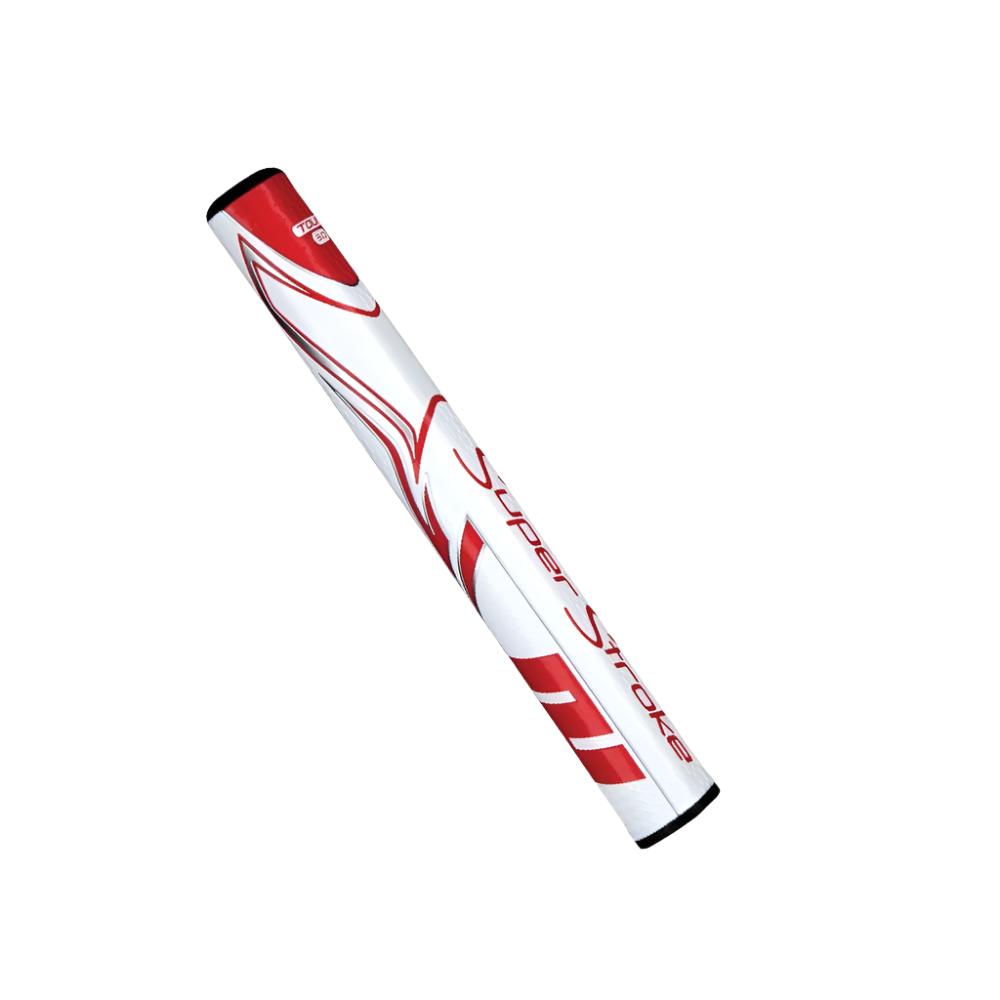 A black and white putter grip with a geometric pattern and the branding 'Super Stroke' visible.