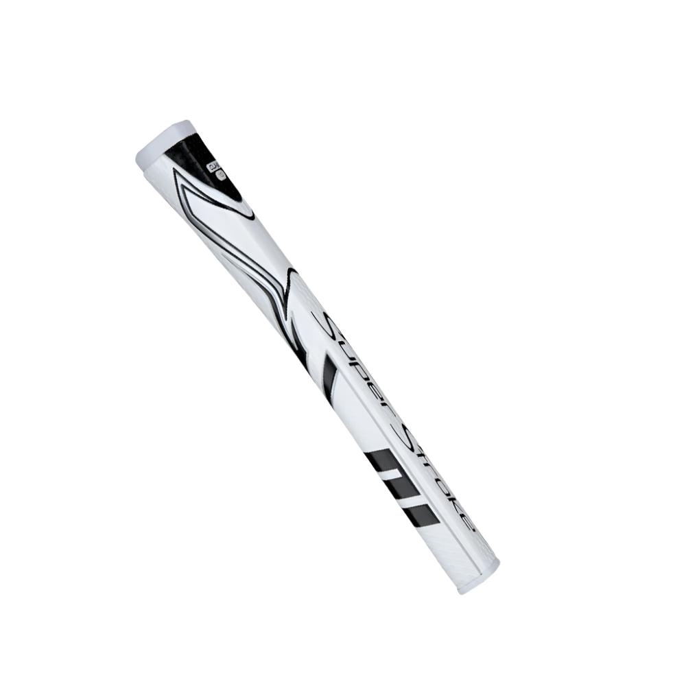 A white golf putter grip with black accents and text detailing.