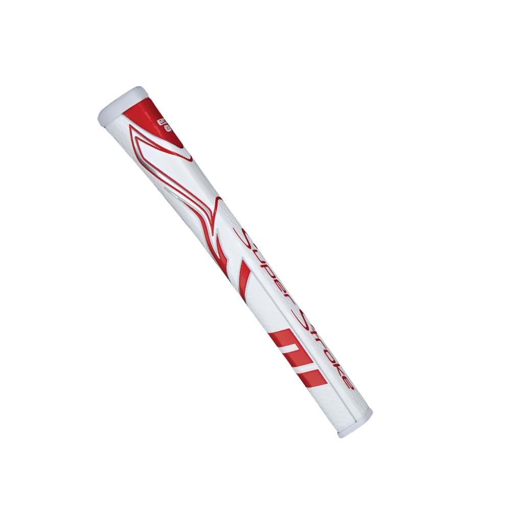 A white putter grip with red accents and the branding 'Super Stroke' displayed prominently along the length of the grip.