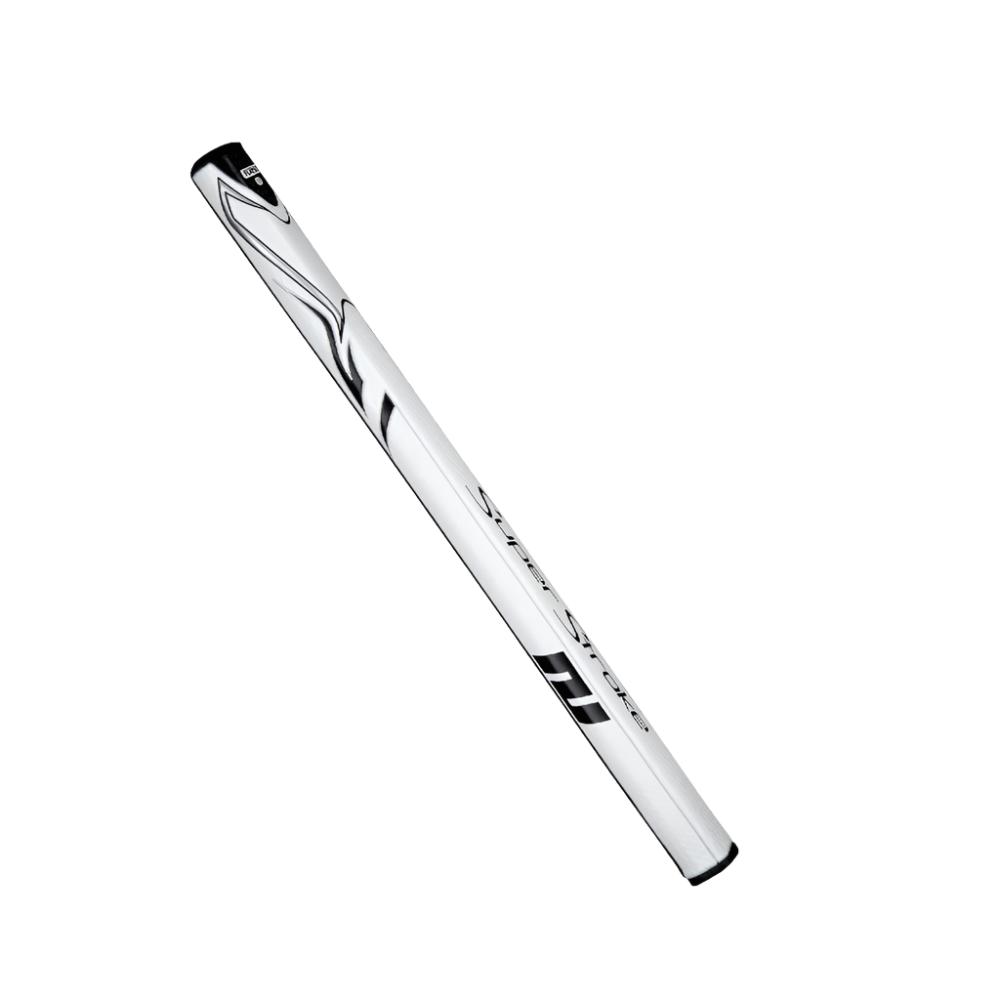 A white putter grip with black detailing and the branding 'Super Stroke' visible.