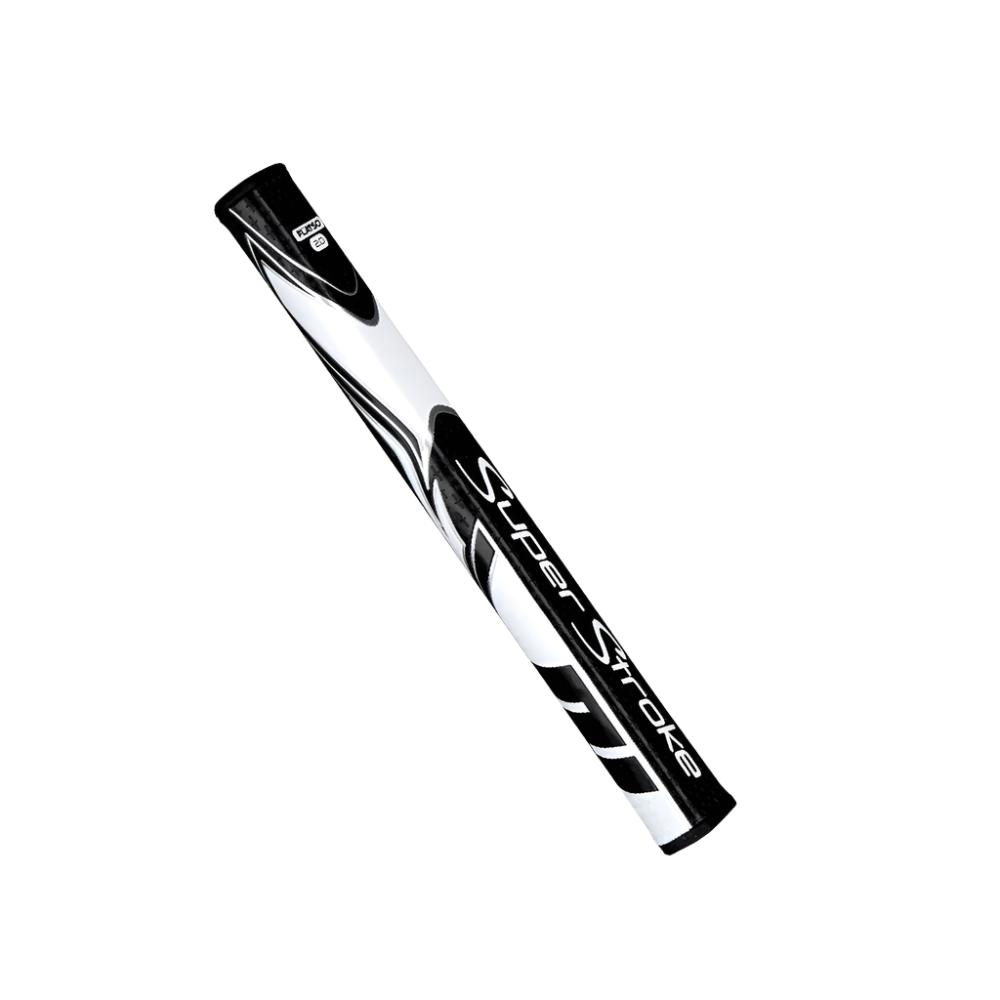 A SuperStroke Zenergy Flatso 2.0 putter grip, featuring a white and black color scheme with geometric patterns and the brand name 'SuperStroke' displayed prominently.