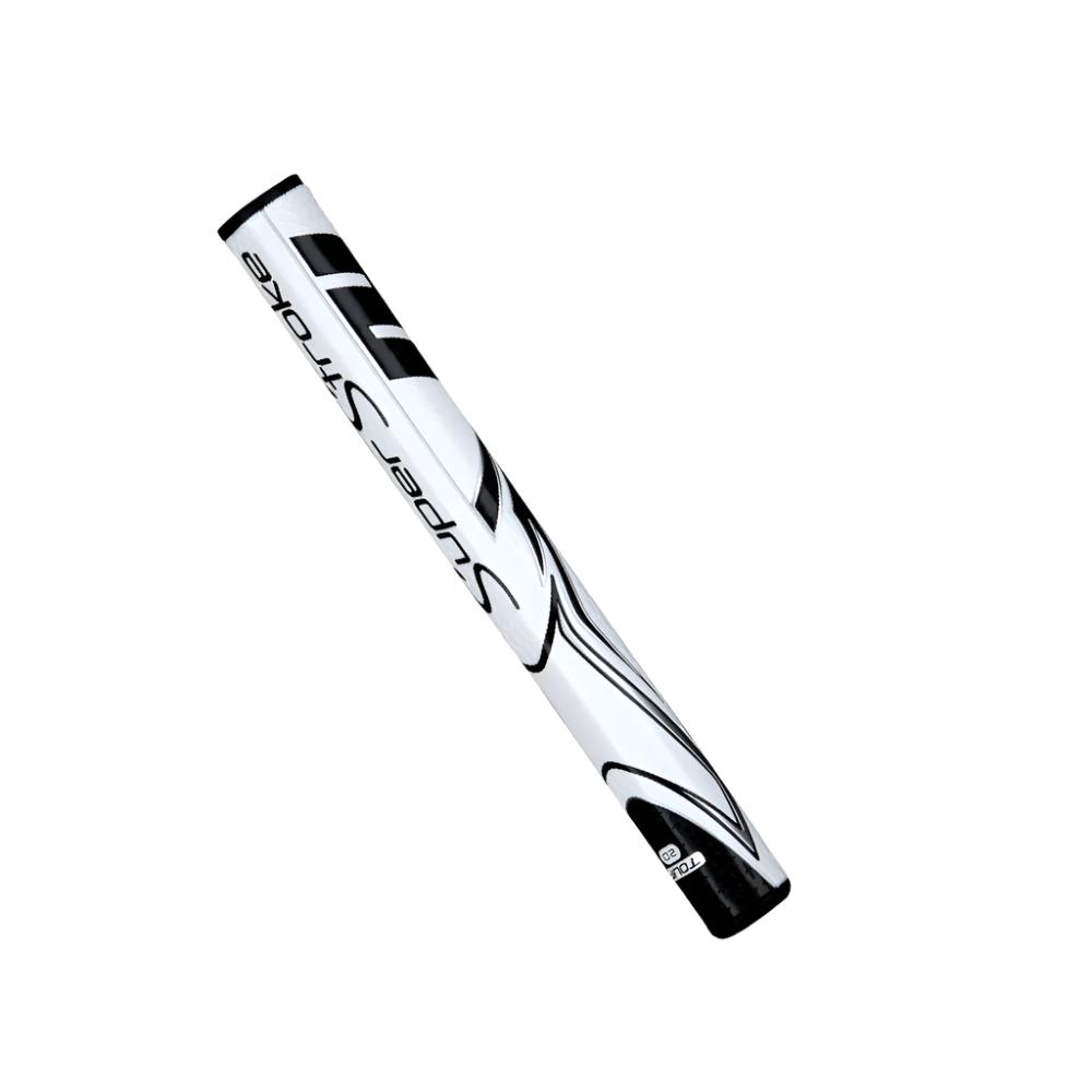 A black and white putter grip with a geometric pattern and the branding 'Super Stroke' visible.
